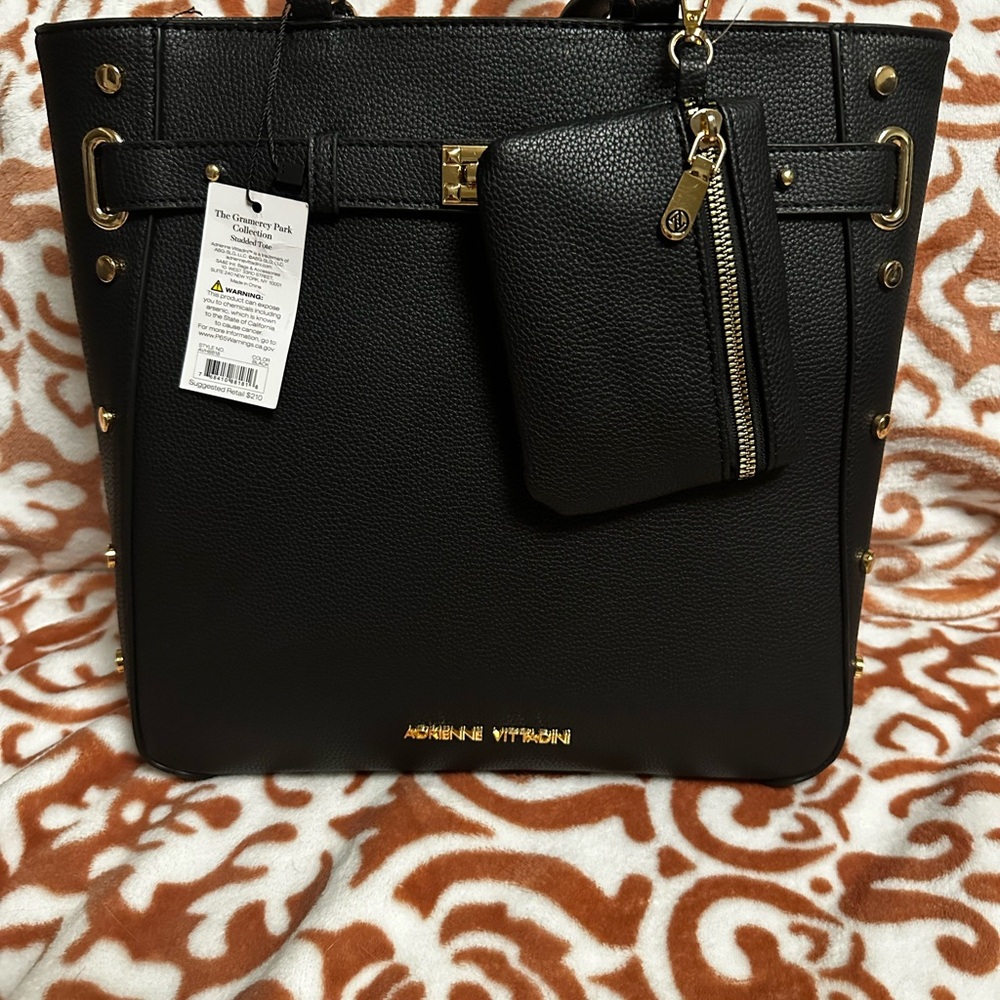 Adrienne Vittadini Black and Gold Tote/ Large Purse Structured Design and Wallet